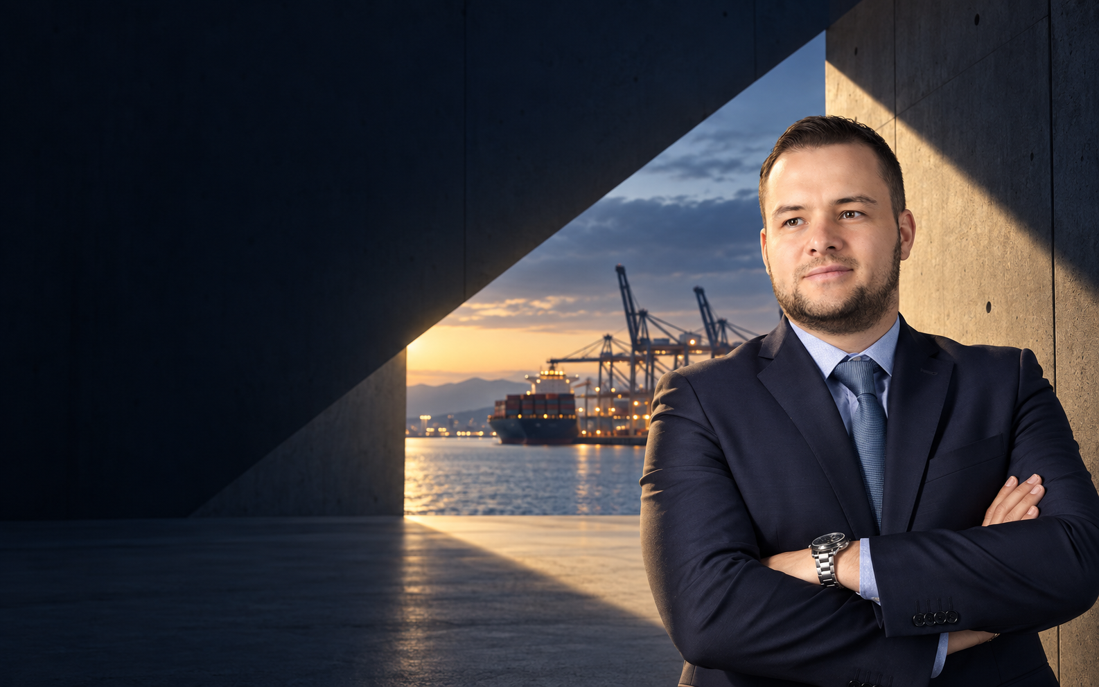 Carlos Nova frente a un puerto de comercio exterior